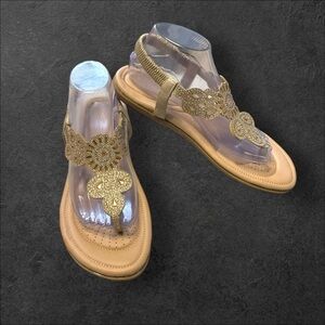 Andiamo Tan Sandal Thong 10 Women Comfort Flower Rhinestone‎ Coquette Feminine